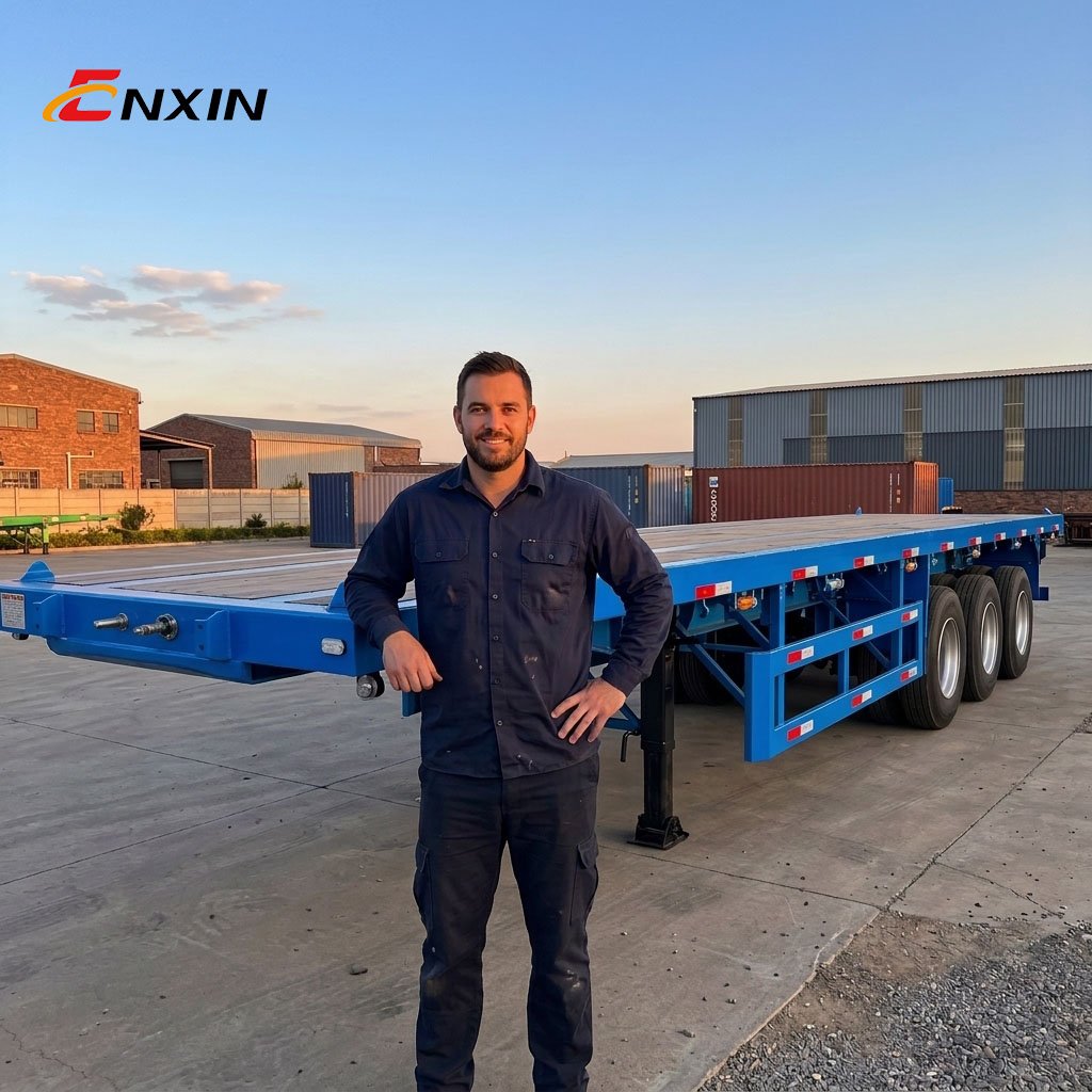 ENXIN tri-axle flatbed semi trailer, blue chassis, wood deck, factory yard Shandong China